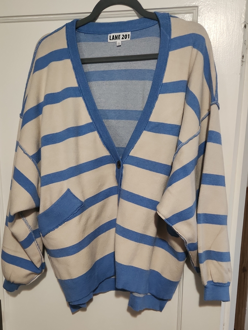 Women's Blue and Cream Striped Button Cardigan